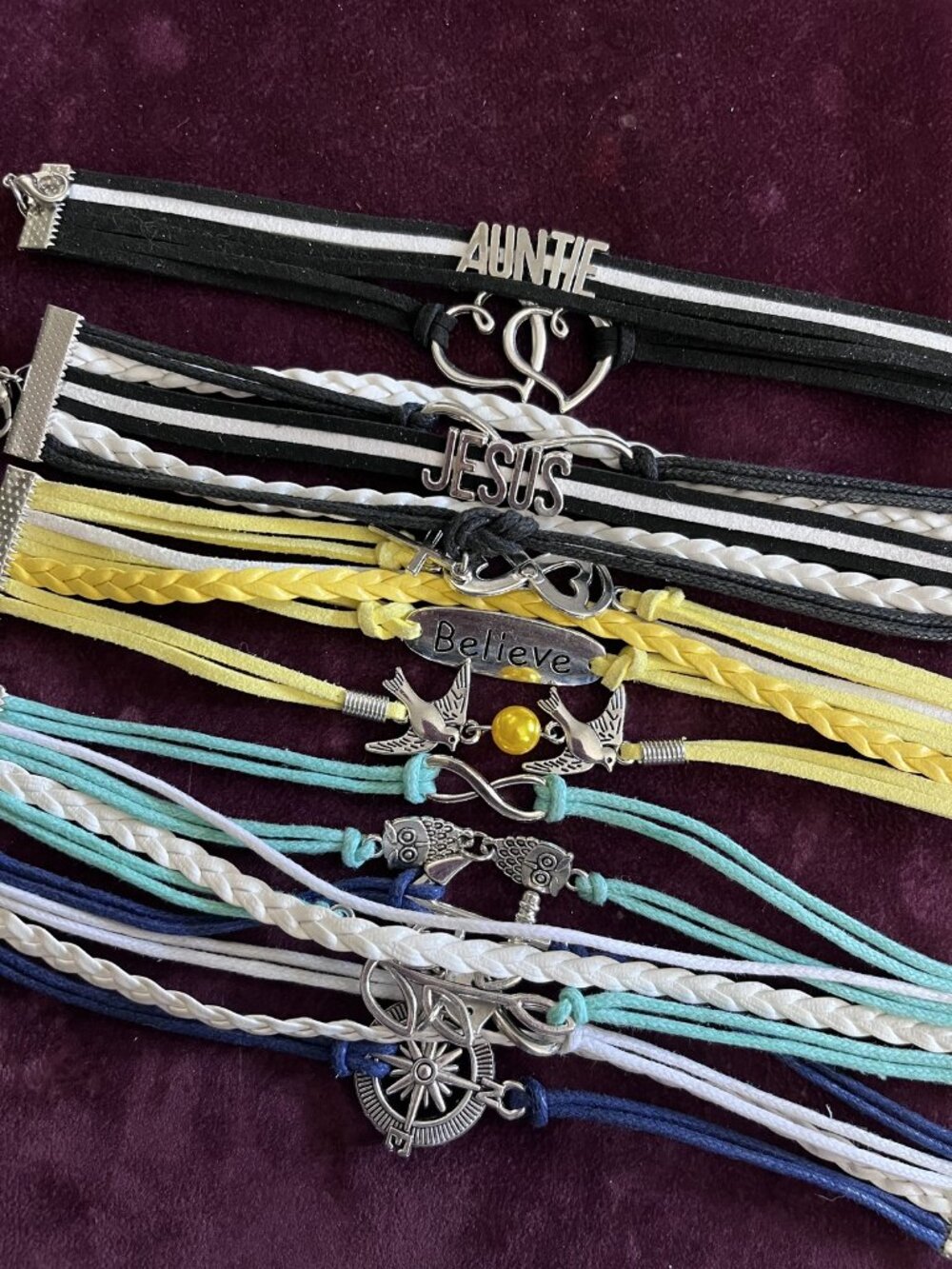 Lot of 5 Charm Wrap Bracelets w/ Organza Gift Bag Auntie Jesus